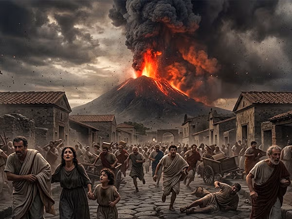 Eruzione del Vesuvio nel 79 d.C. e fuga degli abitanti di Pompei Illustrazione dell'eruzione del Vesuvio del 79 d.C. con l'antico Monte Somma e gli abitanti in fuga tra le strade di Pompei