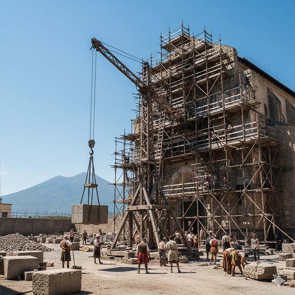 Ricostruzione grafica ad uso divulgativo del cantiere della Basilica di Santa Chiara a Napoli durante la costruzione nel 1310.