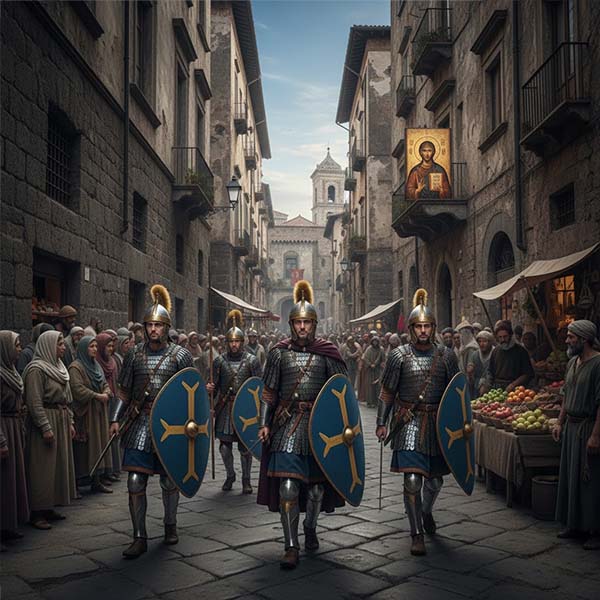 Ricostruzione illustrativa dell'era dei Bizantini nel Ducato di Napoli tra le strade della città.