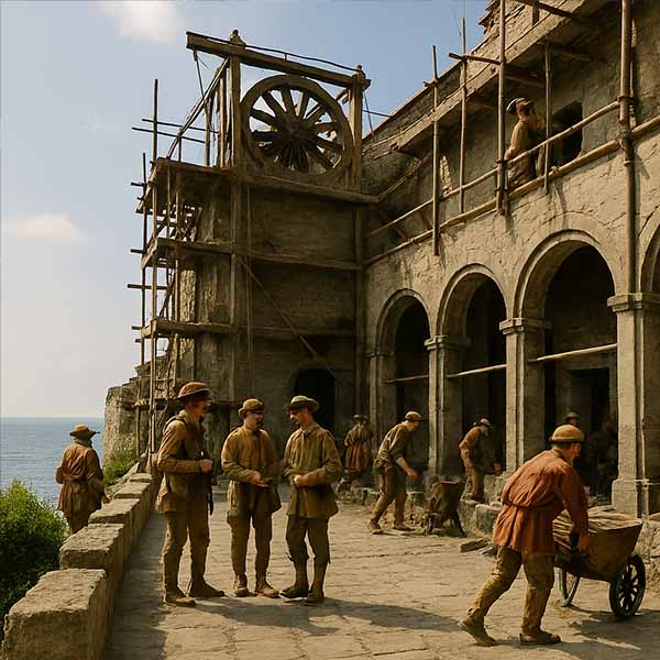 Ricostruzione illustrativa del cantiere per la costruzione del Castello di Baia in epoca aragonese.
