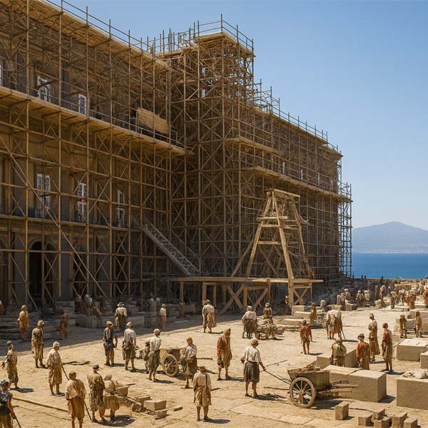 Ricostruzione illustrativa d'epoca raffigurante la maestosa costruzione del Palazzo Reale di Napoli.