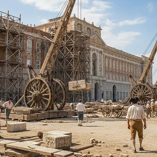 Ricostruzione grafica della costruzione della Reggia di Caserta per mostrare la vita di cantiere dell'epoca ad uso didattico.