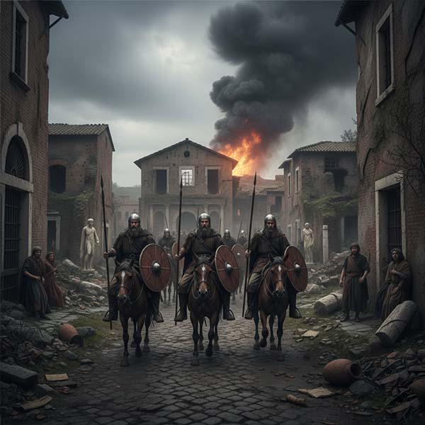 Ricostruzione grafica d'epoca raffigurante una scena durante il periodo delle Invasioni Barbariche.