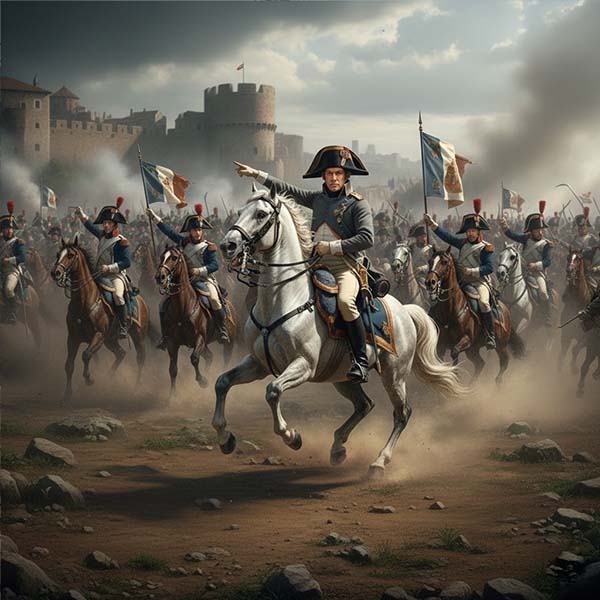 Ricostruzione grafica ad uso didattico della battaglia di Napoleone Bonaparte con la carica delle truppe imperiali.