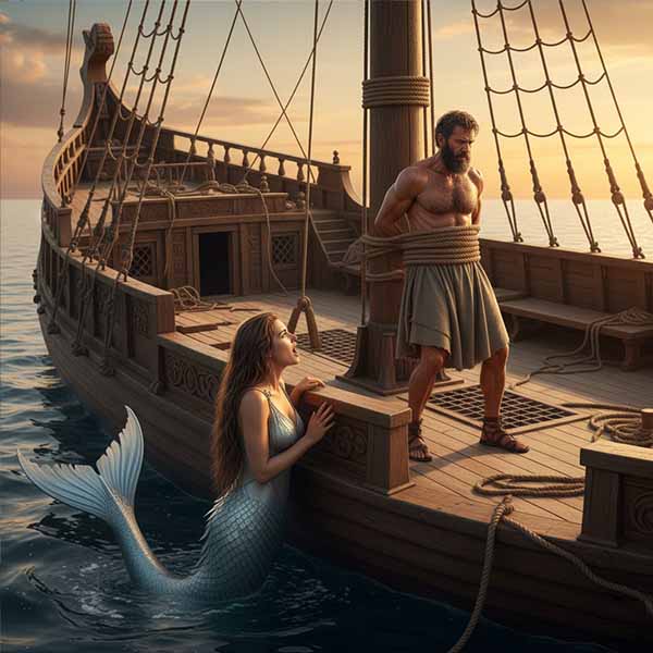 Ricostruzione grafica del mito di Partenope e Ulisse per illustrare il tentativo della sirena di ammaliare l'eroe greco ad uso divulgativo.