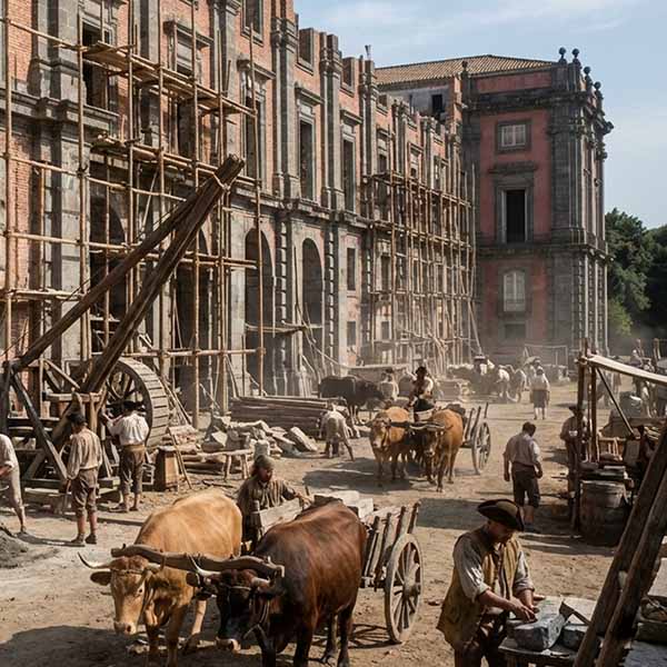 Ricostruzione grafica ad uso divulgativo del periodo del Regno di Napoli con la lavorazione dei materiali per la costruzione del Palazzo Reale di Capodimonte.